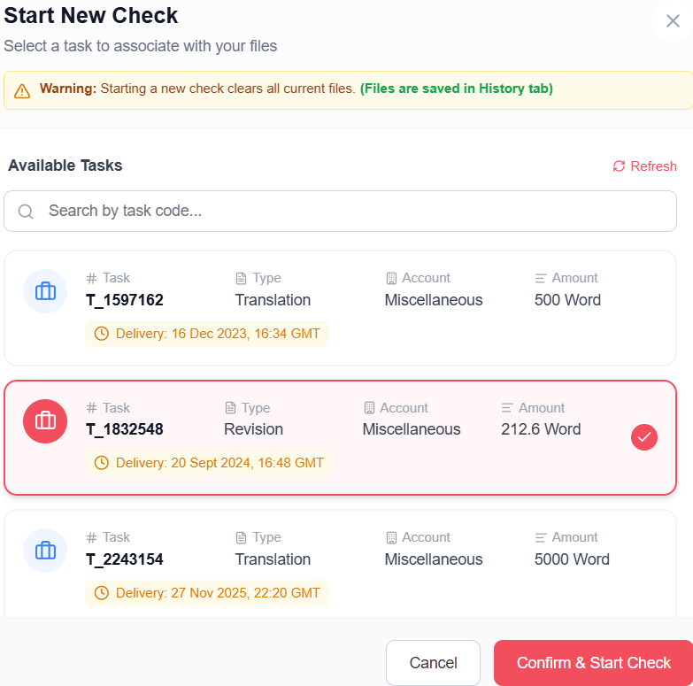 Task Selection Modal