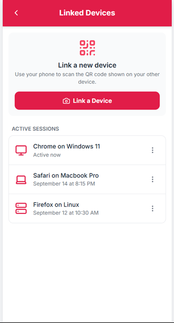 Linked Devices screen on mobile app
